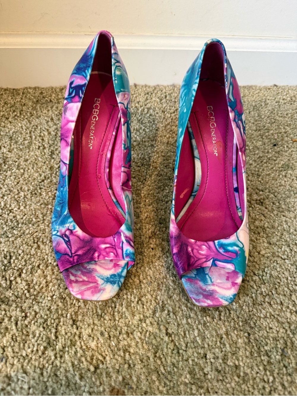 BCBGeneration Pink & Blue Floral Peep-Toe Heels